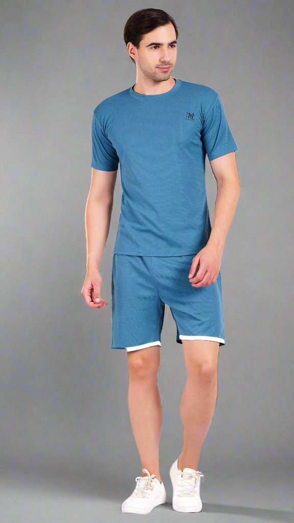 NAUTICON Men Round Neck t-Shirt and Shorts Co-Ord Set Teal Blue - NAUTICON WEARABLES