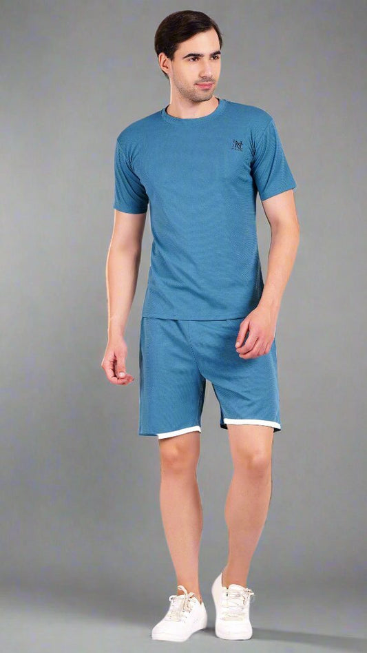 NAUTICON Men Round Neck t-Shirt and Shorts Co-Ord Set Teal Blue - NAUTICON WEARABLES