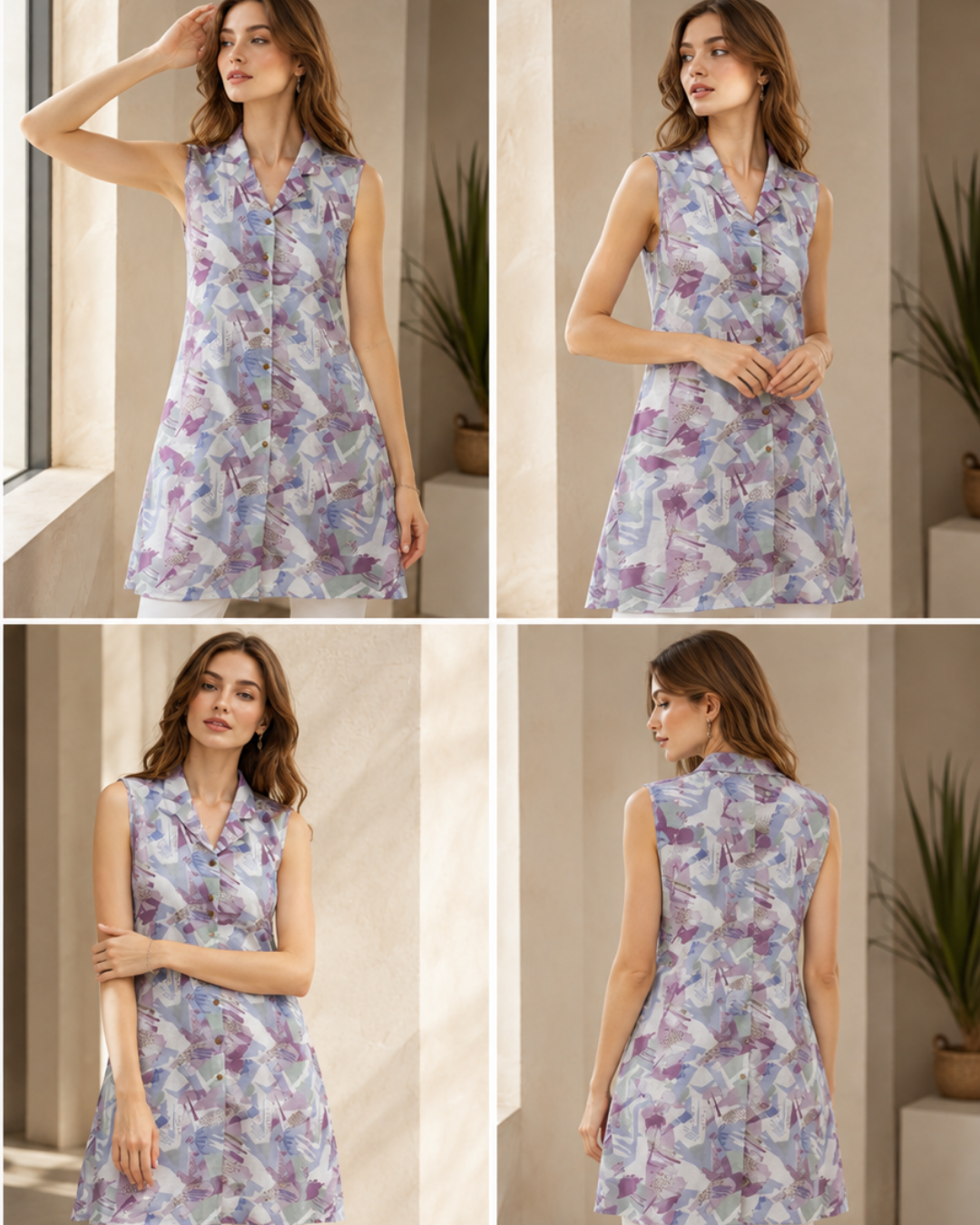 Sleeveless Printed Kurti with Coat Collar – Purple