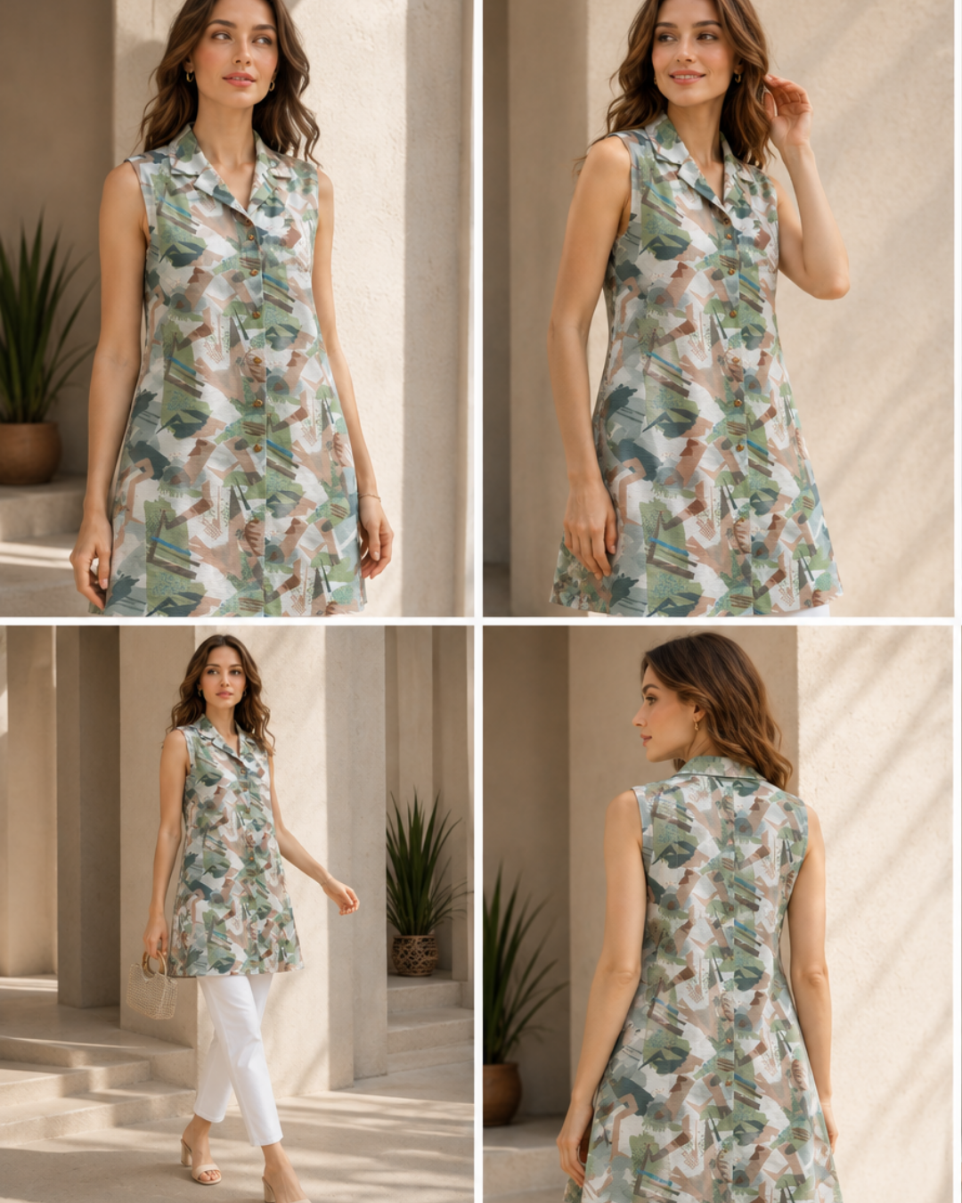 Sleeveless Printed Kurti with Coat Collar – SEA GREEN
