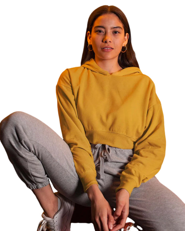 Women Crop Hoodies for Winter Radiant Mustard Solid