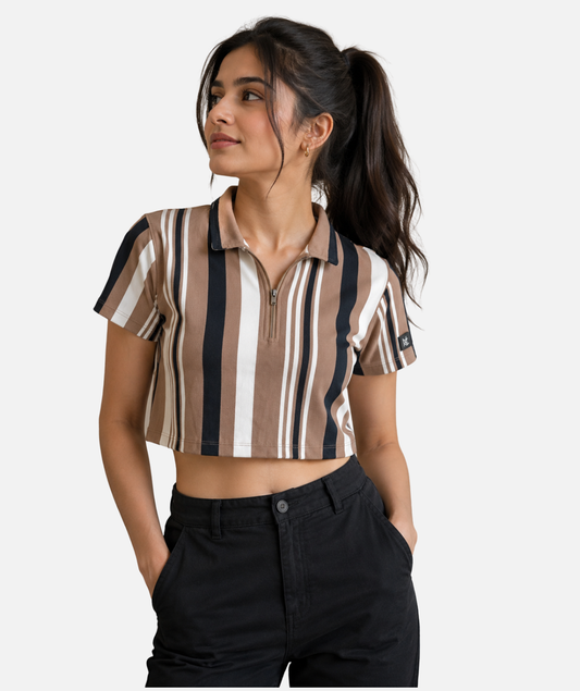 WOMEN'S ZIPPER CROP POLO – BARK BROWN