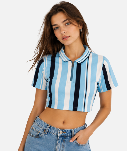 WOMEN'S ZIPPER CROP POLO – SKY BLUE