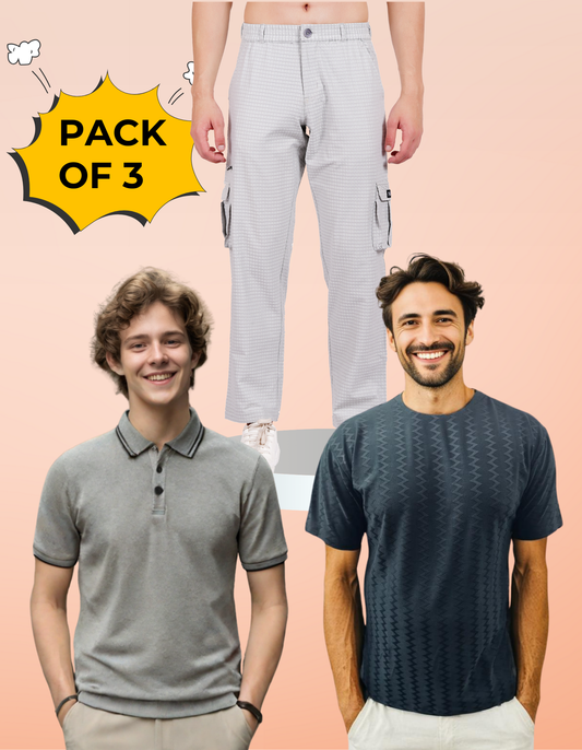 Nauticon Men's Essential Outfit: Black Polo + Jacquard Crew Neck + Off-White Cargo Pants