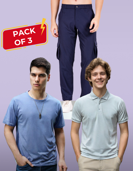 Nauticon Men's Trendy Outfit: Light Mauve Polo + Lavender Crew Neck + Navy Blue Cargo Pants