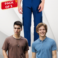Nauticon Men's Elevated Casual Set: Denim Melange Polo + Coffee Crew Neck + Teal Blue Cargo Pants