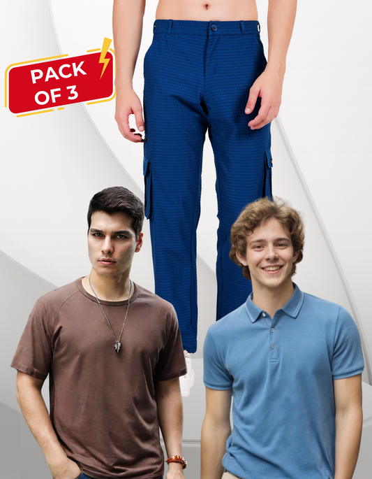 Nauticon Men's Smart Casual Set: Denim Melange Polo + Coffee Crew Neck + Teal Blue Cargo Pants