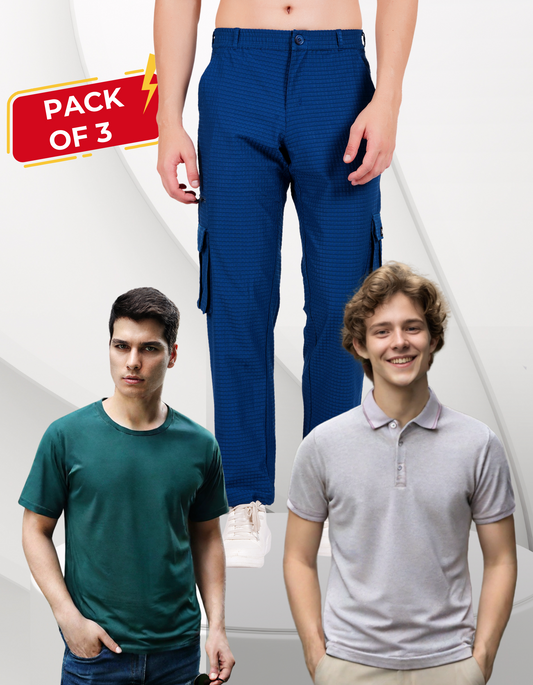 Nauticon Men's Everyday Essentials: Mauve Polo + Bottle Green Crew Neck + Teal Blue Cargo Pants