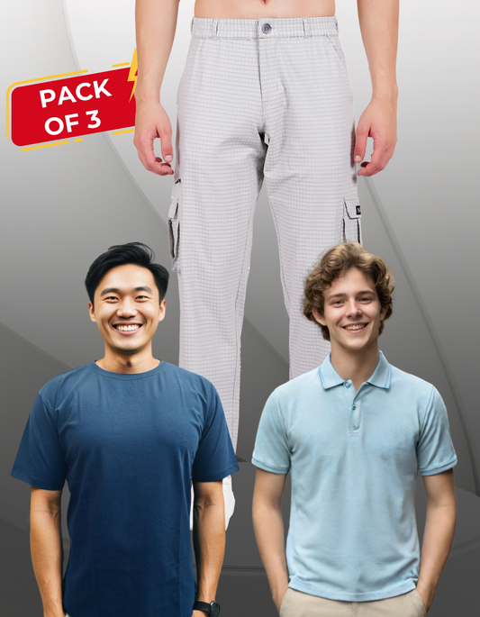 Nauticon Men's Classic Casual Set: Sky Blue Polo + Navy Crew Neck + Off-White Cargo Pants