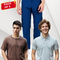 Nauticon Men's Trendy Outfit: Light Mauve Polo + Coffee Crew Neck + Teal Blue Cargo Pants