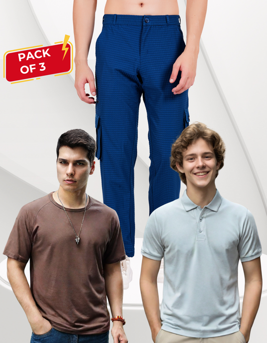 Nauticon Men's Trendy Outfit: Light Mauve Polo + Coffee Crew Neck + Teal Blue Cargo Pants