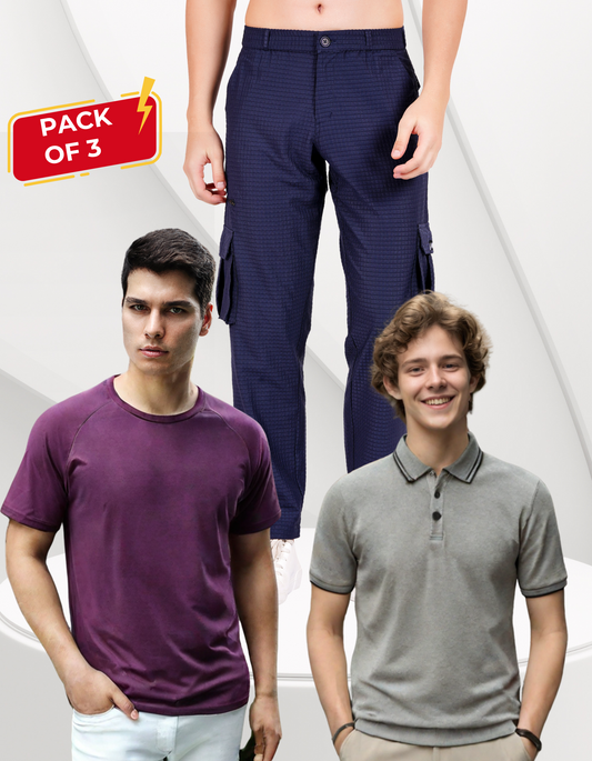 Nauticon Men's Bold Casual Set: Black Melange Polo + Maroon Crew Neck + Navy Blue Cargo Pants