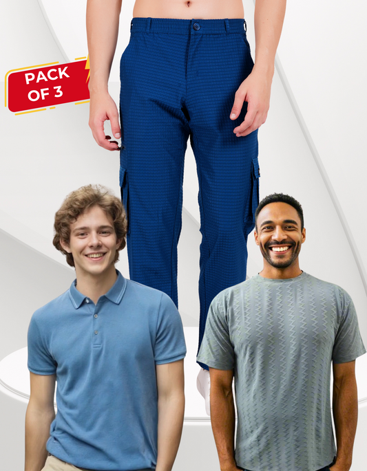 Nauticon Men's Fresh Casual Set: Denim Melange Polo + Light Grey Jacquard Crew Neck + Teal Blue Cargo Pants