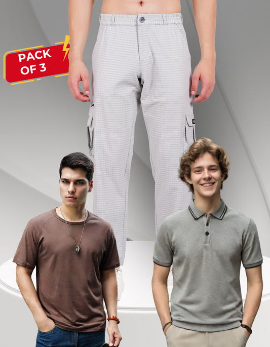 Nauticon Men's Classic Outfit: Black Melange Polo + Coffee Crew Neck + Off-White Cargo Pants