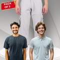 Nauticon Men's Elegant Casual Set: Light Mauve Polo + Black Jacquard Crew Neck + Off-White Cargo Pants