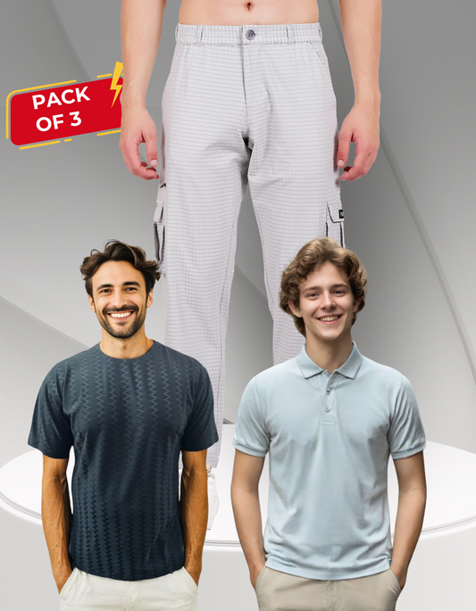 Nauticon Men's Elegant Casual Set: Light Mauve Polo + Black Jacquard Crew Neck + Off-White Cargo Pants